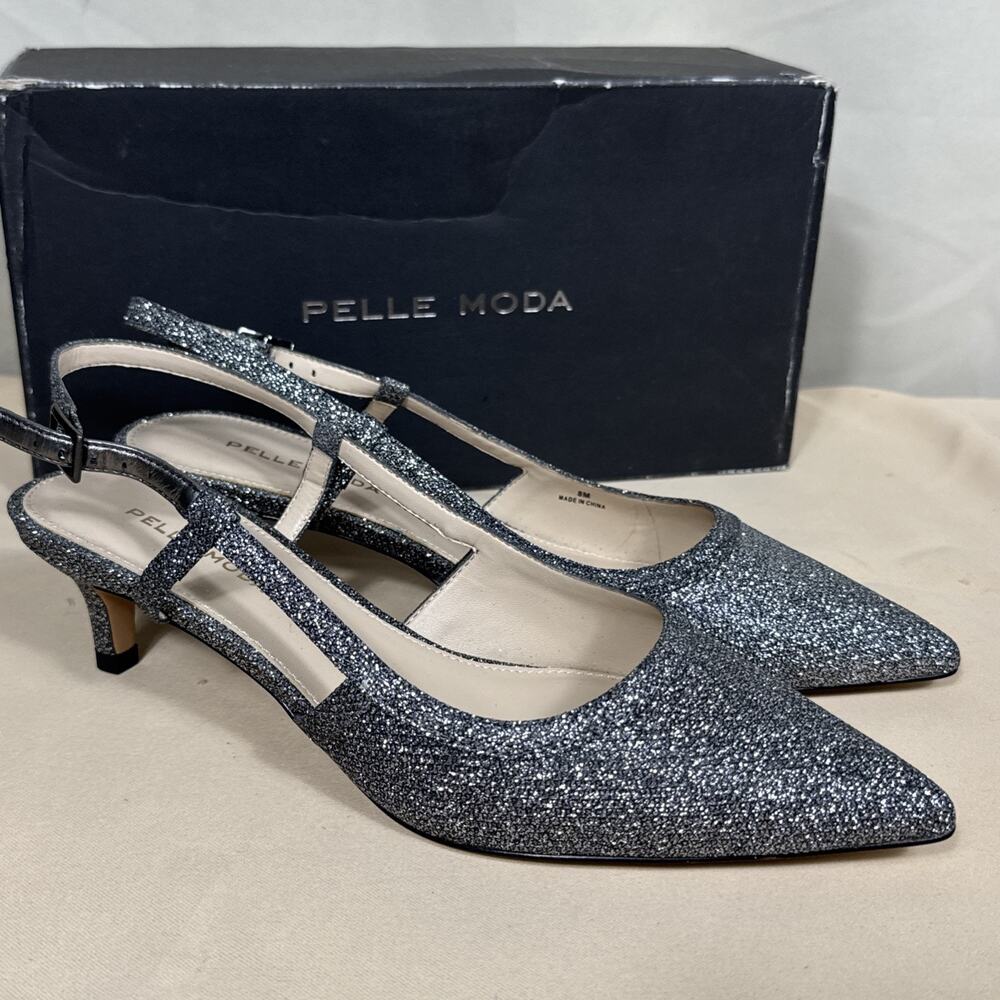 Pelle Moda Slingback Pumps Silver Kitten Stiletto Heel Size 8 Pointed Toe